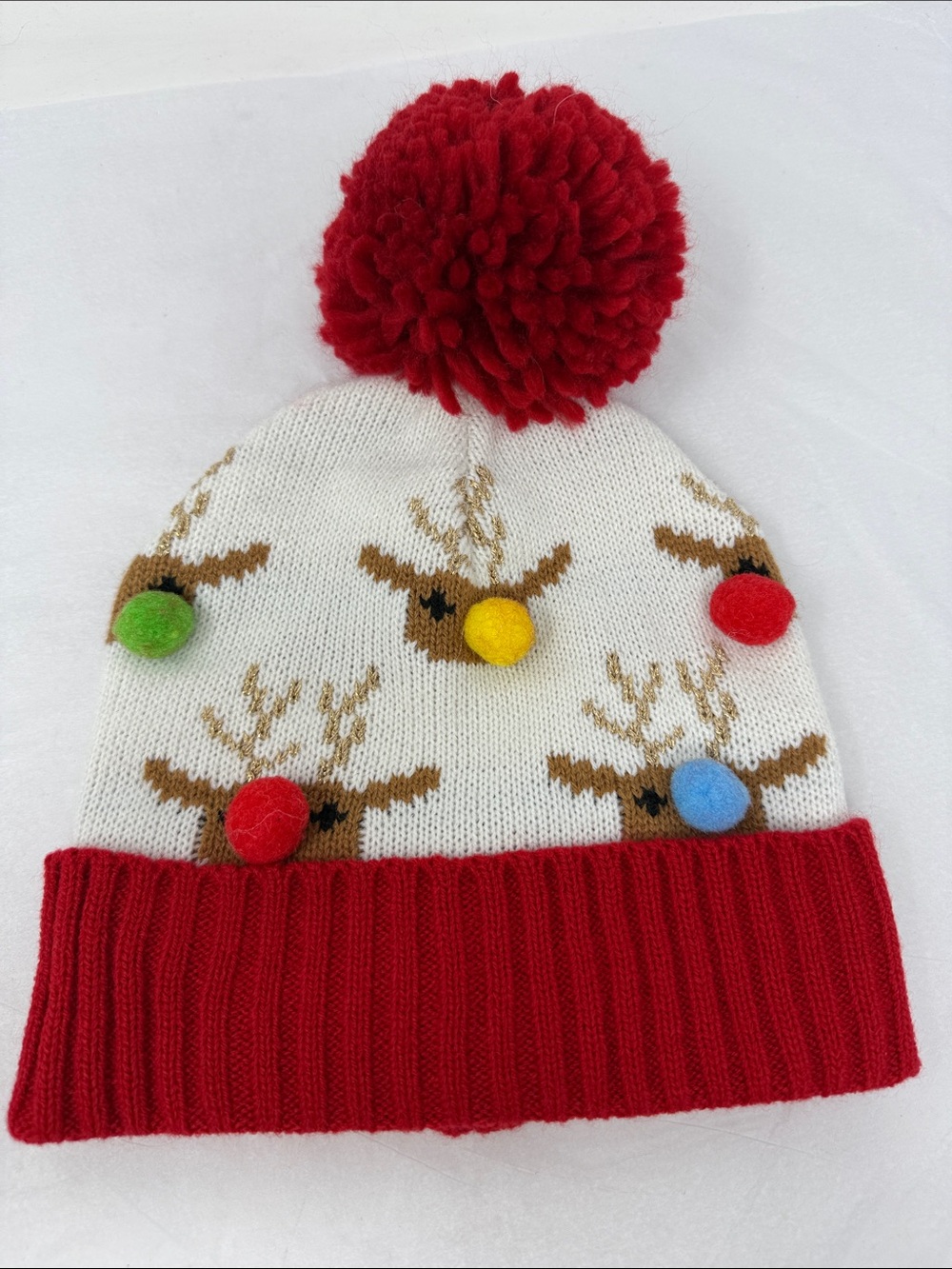 Reindeer Metallic antler Pom Pom Beanie Christmas Hat Red White Holiday Knit Cap